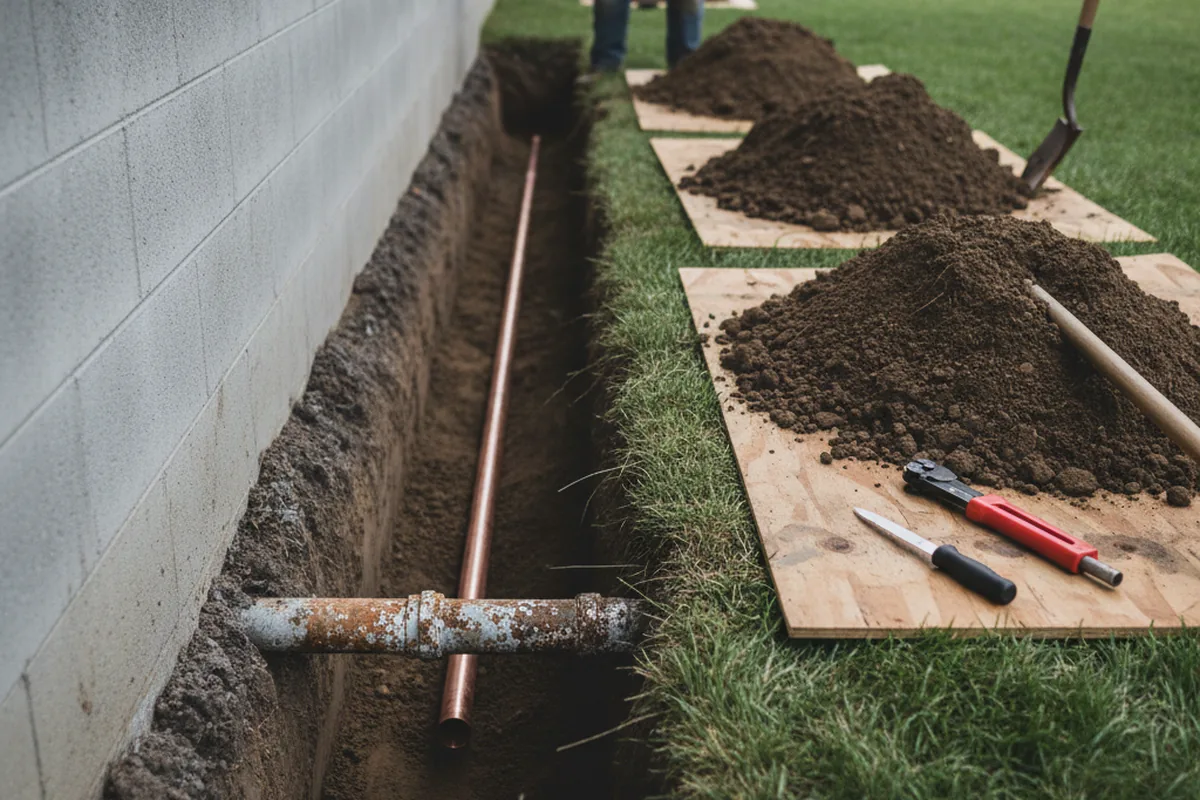 Excavated water line trench during Sewer Line Repair in Mount Hope